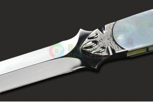 日本现代手工刀匠锻造大师Koji Hara 原幸治 镜月 白色珍珠贝母柄双刃双锋刺刀式镜面直刀