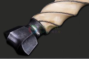 美国ABS刀匠协会JS刀匠凯尔·嘎哈甘纯手工锻打大马士革钢带血槽象牙化石柄双刃剑