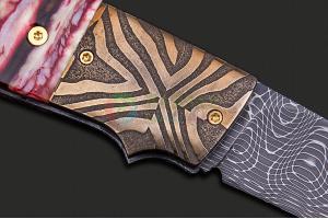 美国刀匠协会著名折刀大师比尔·皮斯手工作 火烈鸟 大马士革钢猛犸象齿化石柄收藏折叠刀