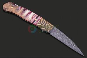 美国刀匠协会著名折刀大师比尔·皮斯手工作 火烈鸟 大马士革钢猛犸象齿化石柄收藏折叠刀