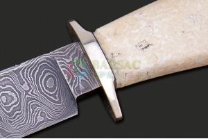 美国刀匠协会手工名匠比尔·米勒纯手工打造大马士革钢海象牙化石柄大尺寸博伊战斗直刀