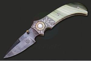 美国锡兰教皇御用刀具大师辛格·卡哈尔沙大马士革钢天然玉石柄高端绅士口袋折叠刀