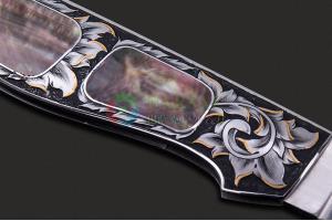 美国ABS刀匠协会AKI手工大师提姆·海曼 ATS34不锈钢拉丝刃贝母黄金柄高端精美收藏折叠刀