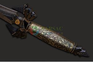 美国AKI大师范·巴尼特天梯纹大马士革钢阿帕奇金石黄金柄高端极品收藏艺术短剑