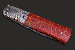 美国刀匠协会手工名匠大卫·施泰尔托马斯大马士革钢红珊瑚柄精美口袋折叠刀