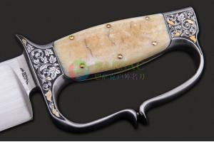 意大利著名刀匠米可·迪帕科一体K100钢锻造海象牙化石镶嵌黄金柄极品收藏博伊狩猎军刀