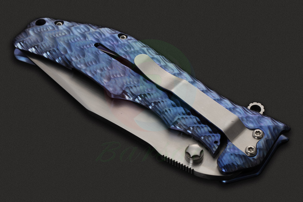 DDR黑纹镶嵌式蓝色钛合金柄野营求生救生折叠刀,近身格斗折刀