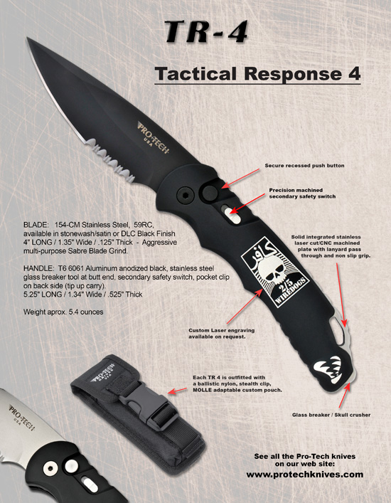 PROTECH超技术推出的TR4是最新的战术响应(Tactical Response)自动刀系列产品，TR4是在早期的系列产品基础上进行重大改进而来